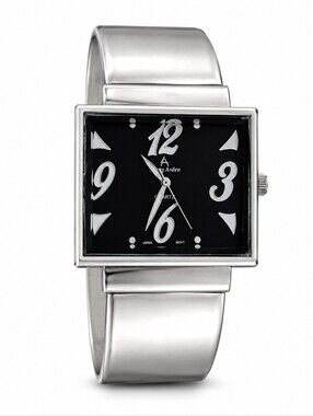 Louis Arden Vintage Silver Tone Bangle Cuff Watch Black Dial Quartz Women's